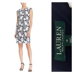 Lauren Ralph Lauren Navy Blue and White Embroidered Formal Floral Dress 12
